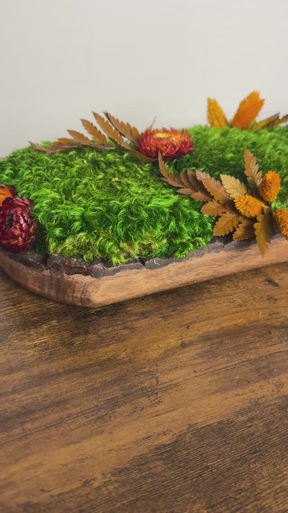 Preserved Pole Moss Centerpiece: Wood Nature Bowl, Wedding Decor with Orange Flowers | USA - TARIFF FREE
