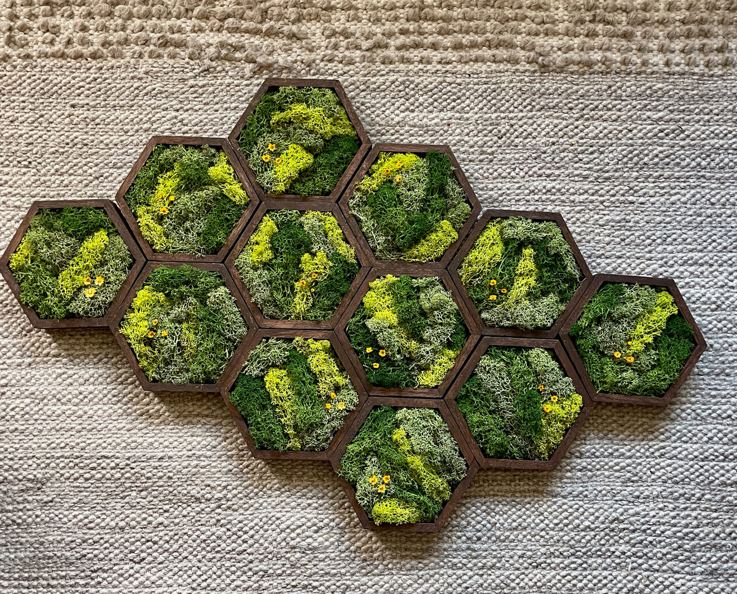 Hexagon Moss Wall Art - 5" by 6" - Green with Yellow Flowers