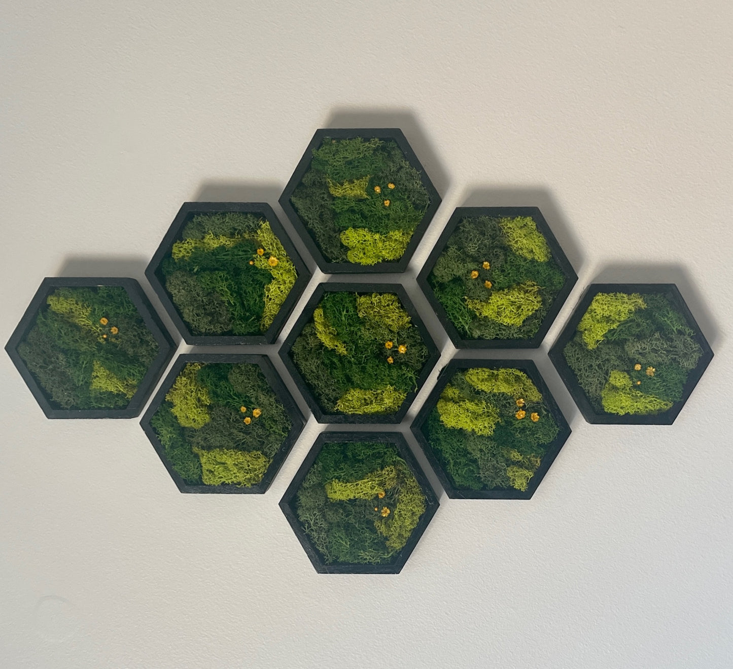 Hexagon Moss Wall Art - 5" by 6" - Green with Yellow Flowers