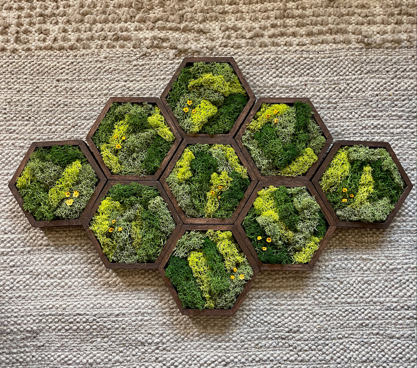 Hexagon Moss Wall Art - 5" by 6" - Green with Yellow Flowers