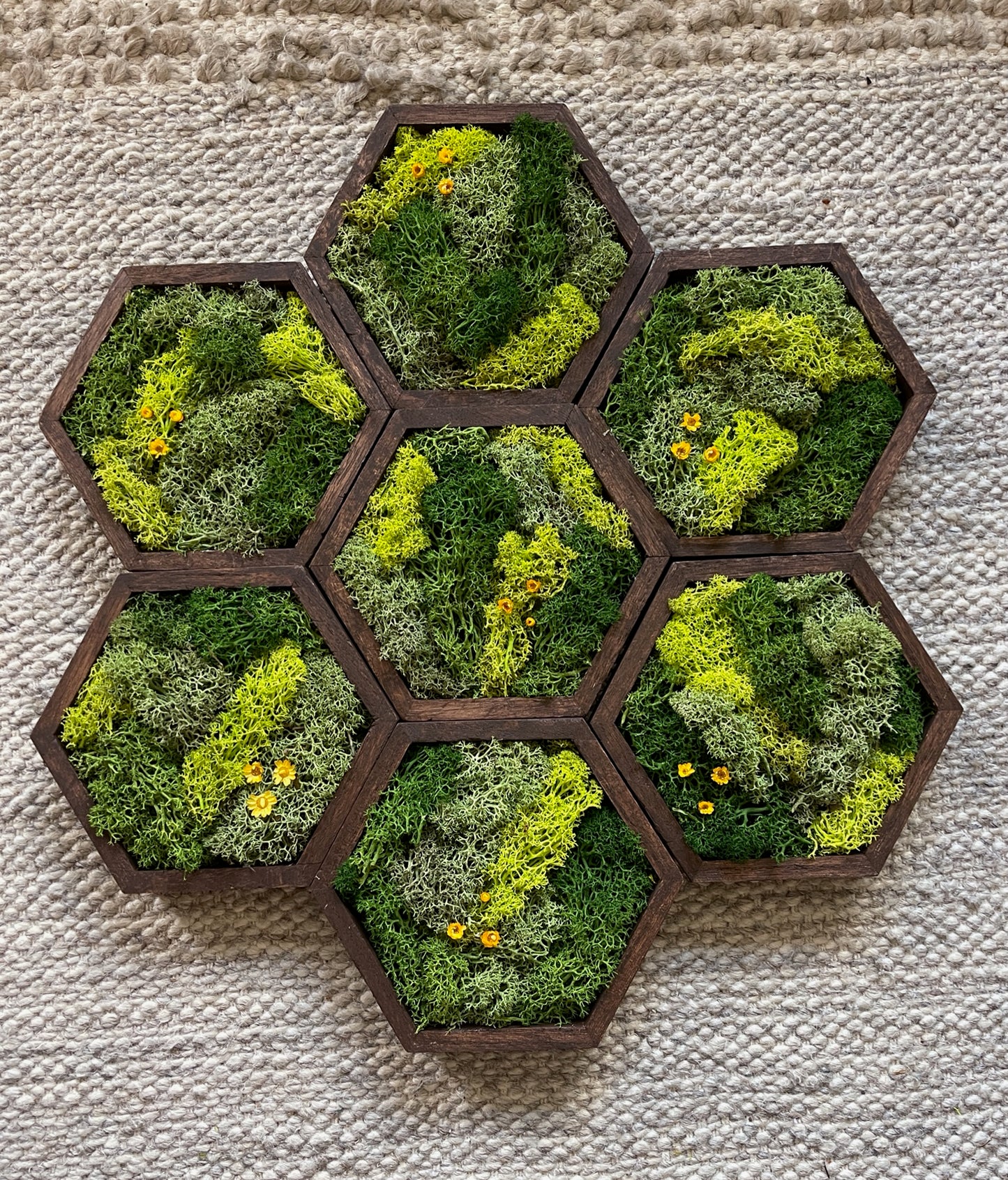 Hexagon Moss Wall Art - 5" by 6" - Green with Yellow Flowers