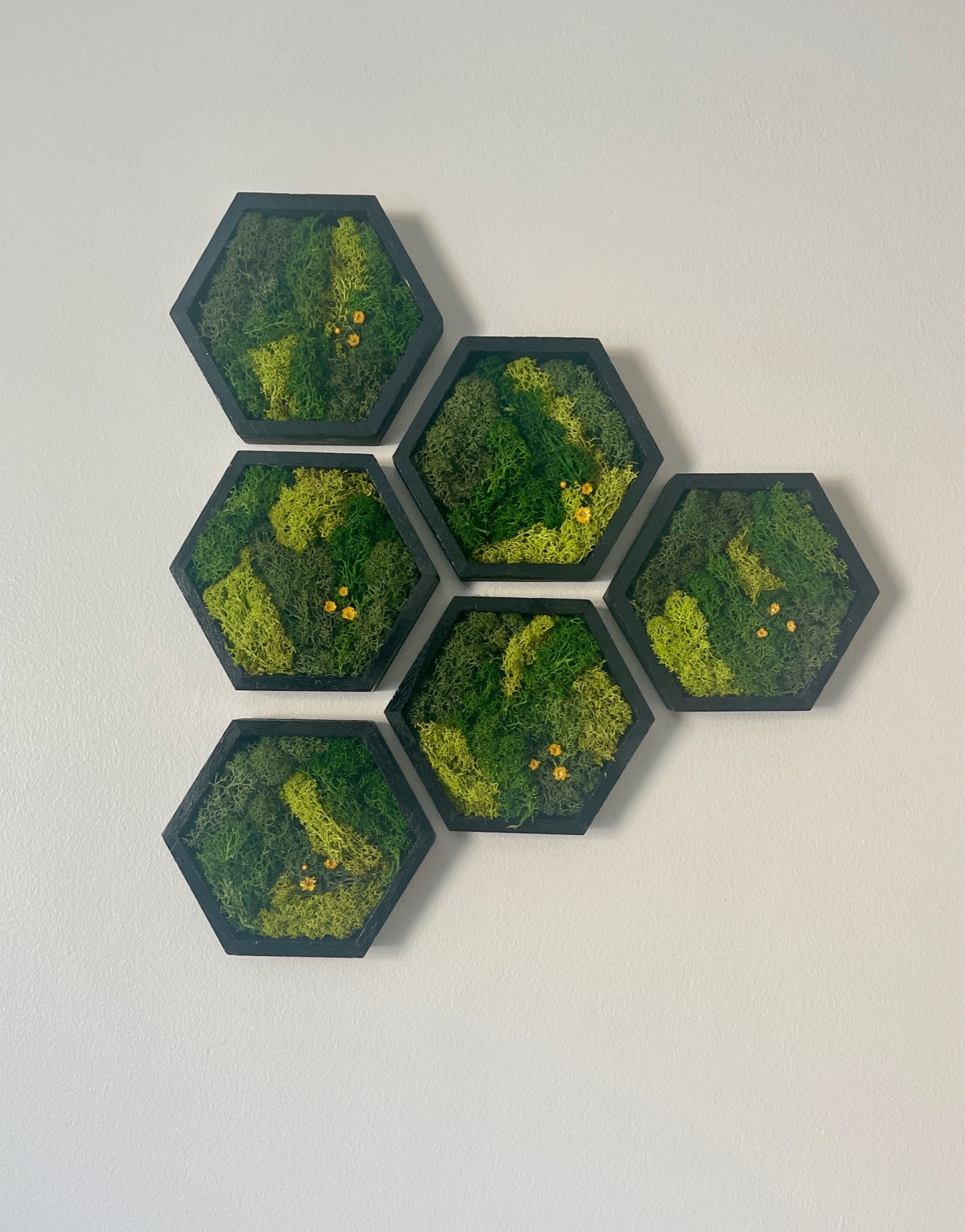 Hexagon Moss Wall Art - 5" by 6" - Green with Yellow Flowers