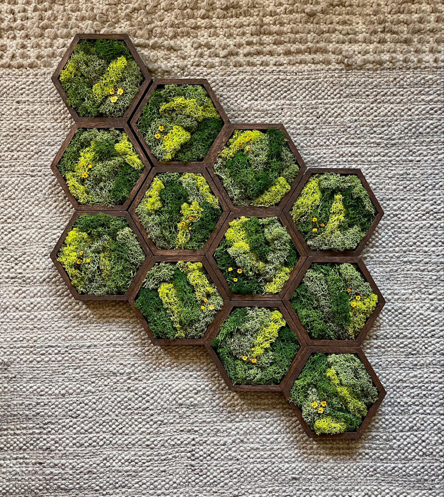 Hexagon Moss Wall Art - 5" by 6" - Green with Yellow Flowers