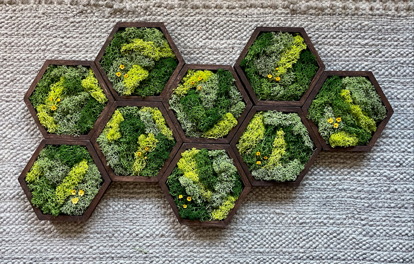 Hexagon Moss Wall Art - 5" by 6" - Green with Yellow Flowers