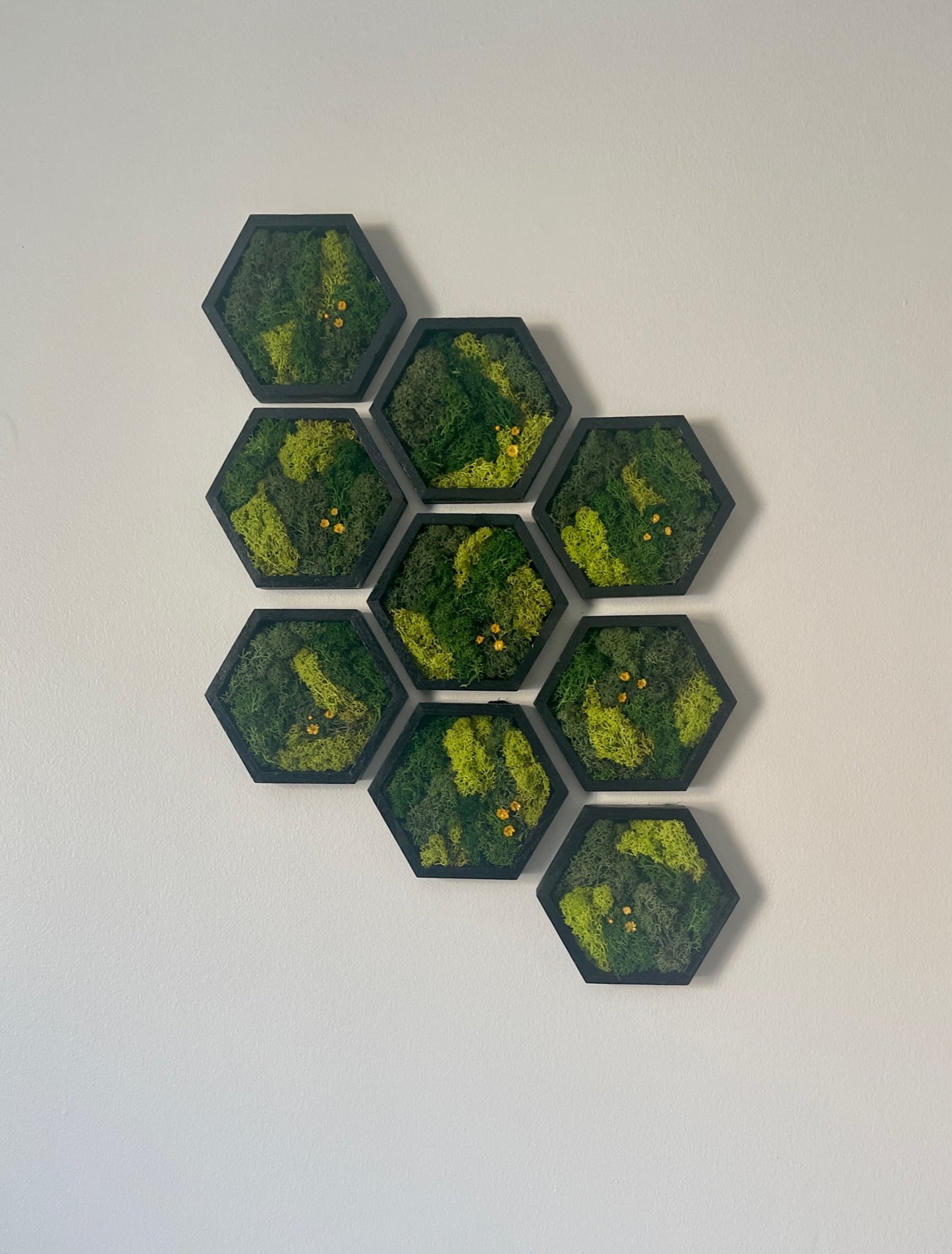 Hexagon Moss Wall Art - 5" by 6" - Green with Yellow Flowers