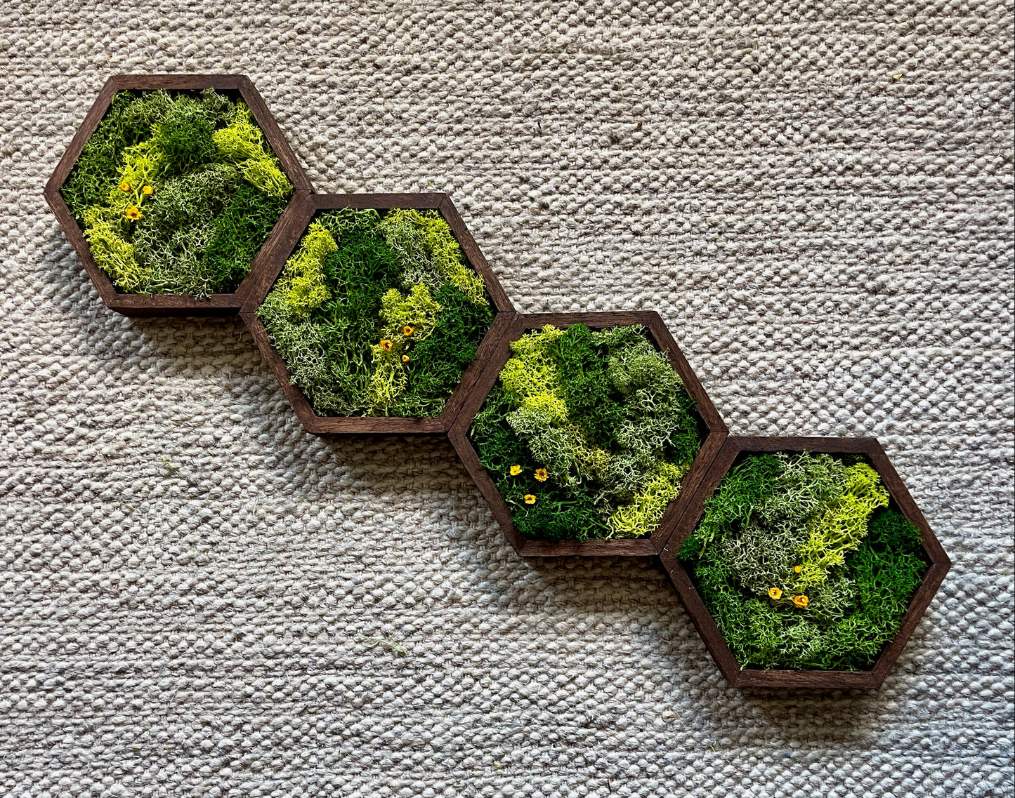 Hexagon Moss Wall Art - 5" by 6" - Green with Yellow Flowers