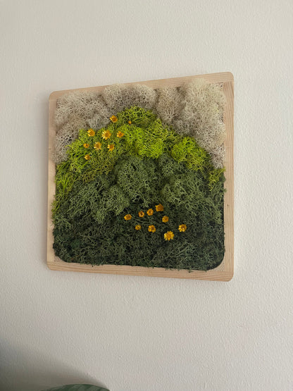 Moss Wall Art | Preserved Moss Art Framed | Square Wood Frame | Green and White with Preserved Flowers