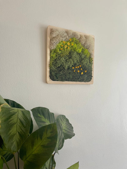 Moss Wall Art | Preserved Moss Art Framed | Square Wood Frame | Green and White with Preserved Flowers