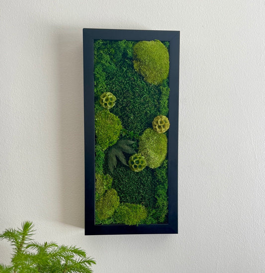 Moss Wall Art | Preserved Moss Art Framed | Moss Wall Decor | Green Moss Yellow Preserved Flowers and Black Frame