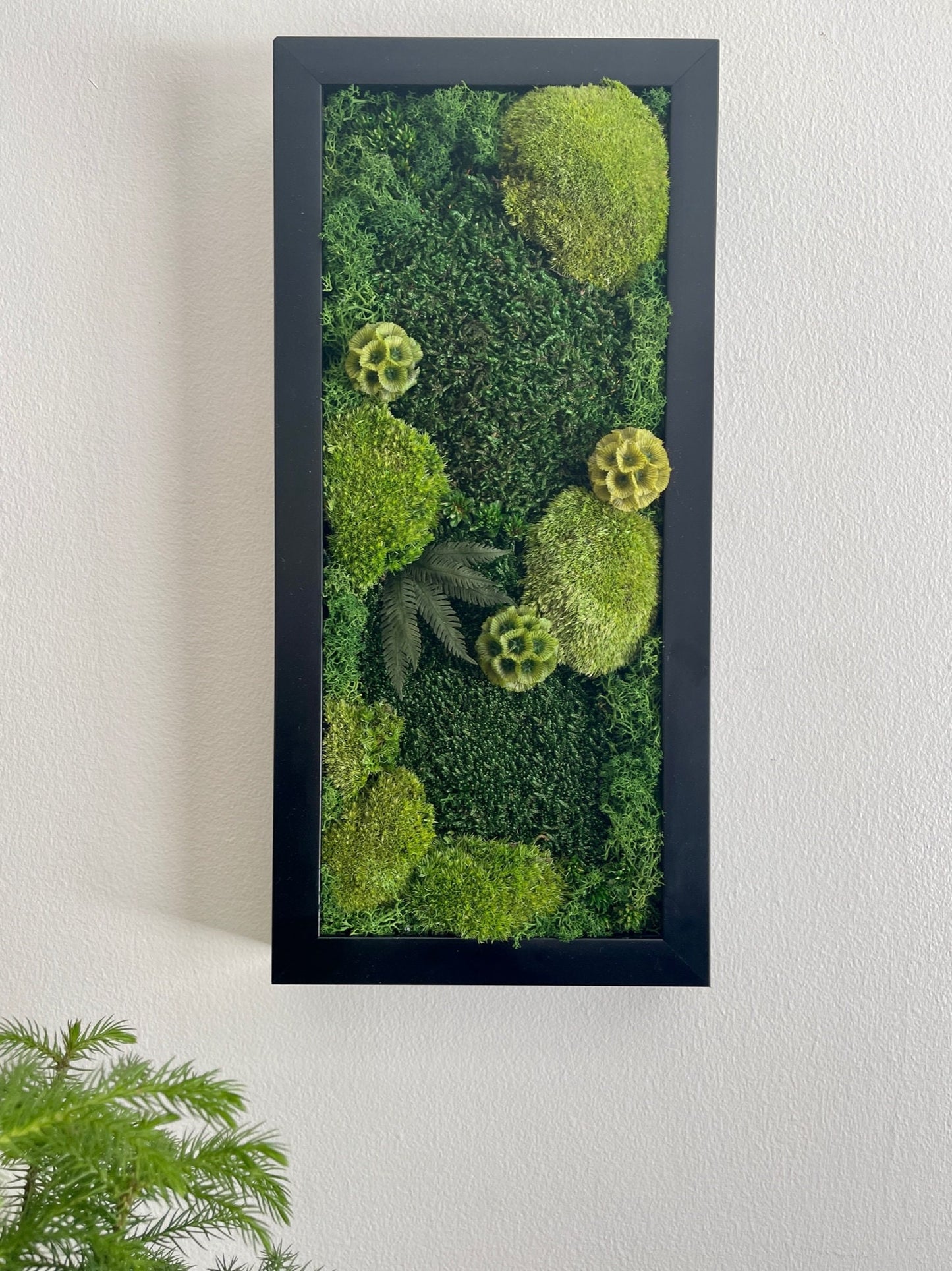 Moss Wall Art | Preserved Moss Art Framed | Moss Wall Decor | Green Moss Yellow Preserved Flowers and Black Frame