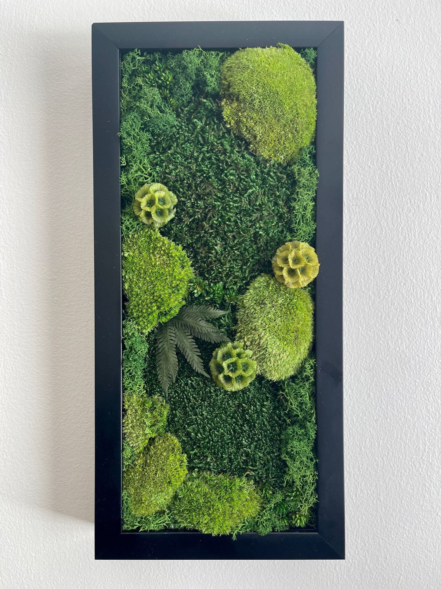 Moss Wall Art | Preserved Moss Art Framed | Moss Wall Decor | Green Moss Yellow Preserved Flowers and Black Frame