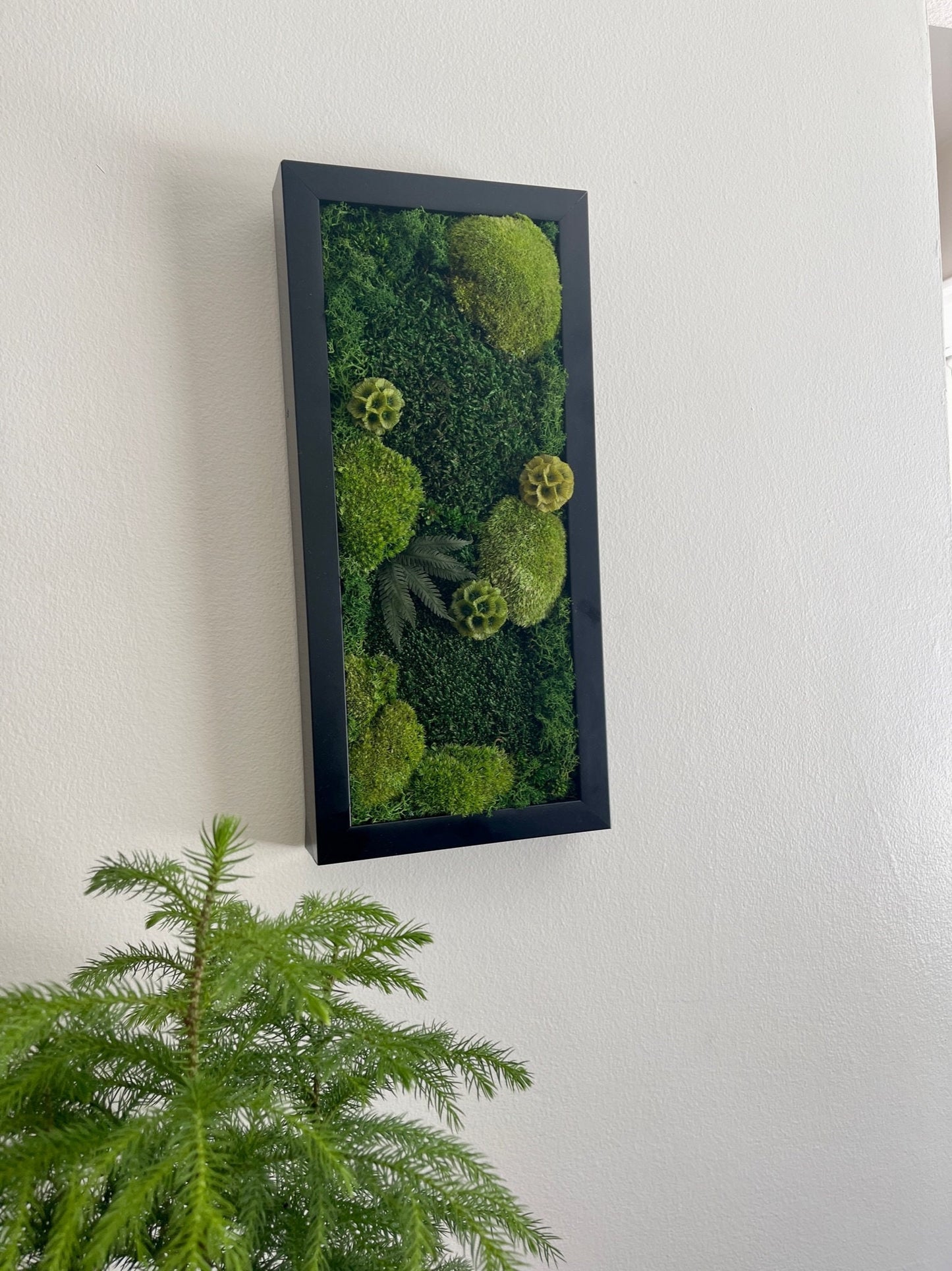 Moss Wall Art | Preserved Moss Art Framed | Moss Wall Decor | Green Moss Yellow Preserved Flowers and Black Frame