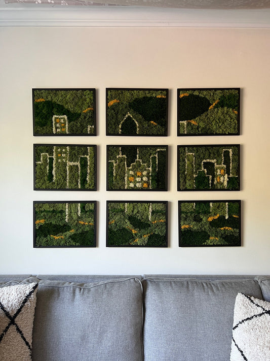 Moss Wall Art | Preserved Moss Framed | Moss Wall Decor | Moss Wall Art | Nine Frames | Rectangle Wood Frame | City Skyline