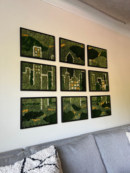 Moss Wall Art | Preserved Moss Framed | Moss Wall Decor | Moss Wall Art | Nine Frames | Rectangle Wood Frame | City Skyline