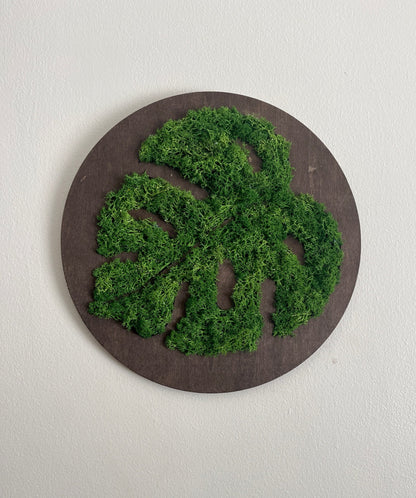 Moss Wall Art | Monstera Plant Round Wood Frame | Dark Green Reindeer Moss | Wedding Gift