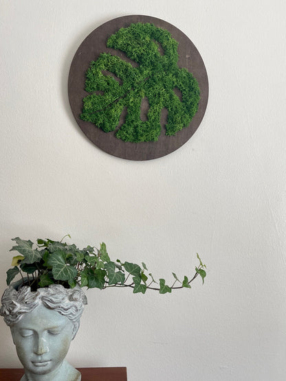 Moss Wall Art | Monstera Plant Round Wood Frame | Dark Green Reindeer Moss | Wedding Gift