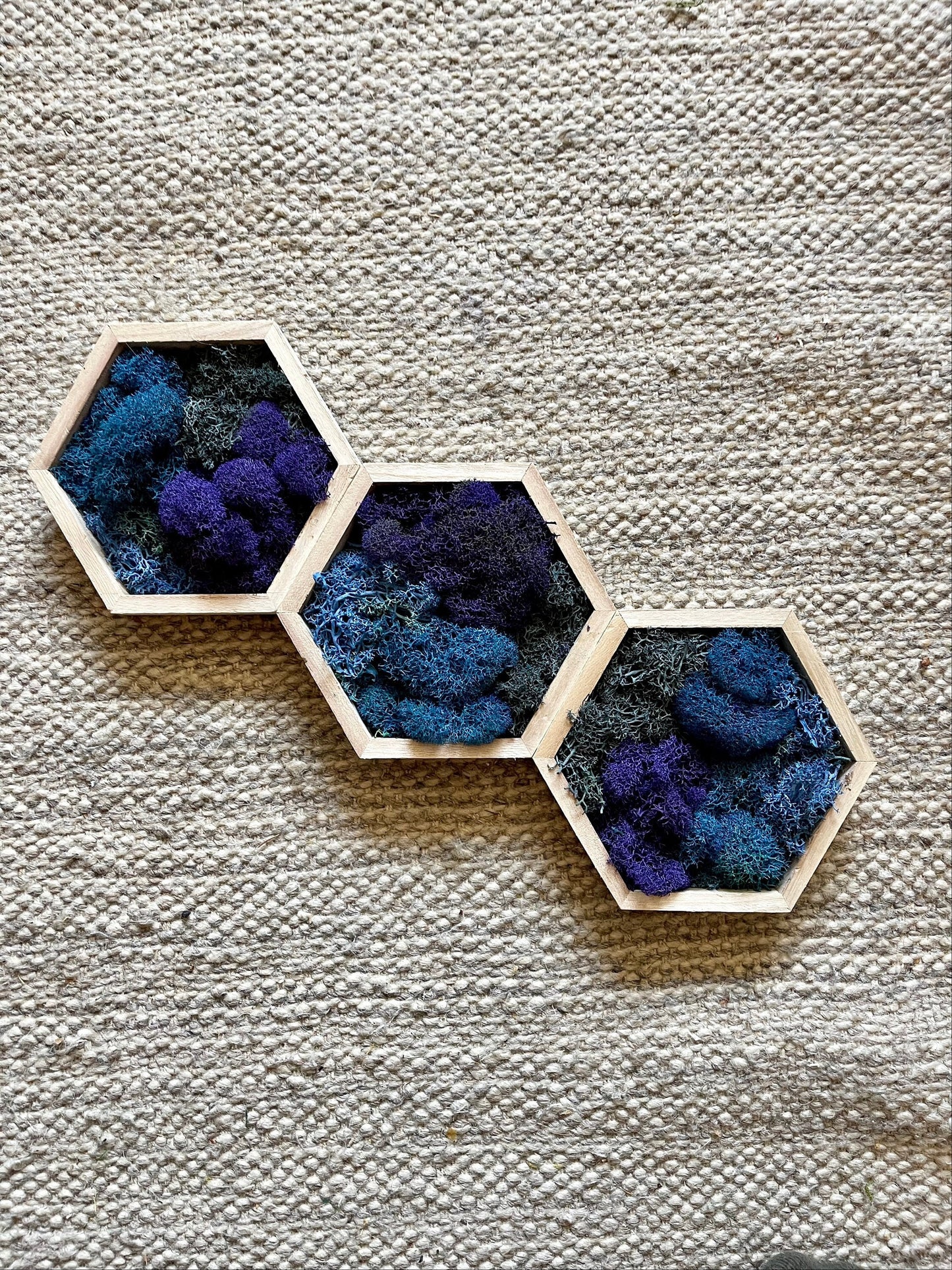 Moss Wall Art  | Honeycomb Moss   |  Home  Decor  | Wood Hexagon  | Blue and Purple