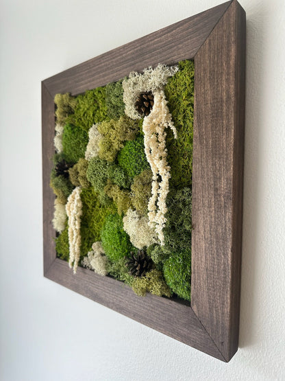 Moss Wall Art | Preserved Moss Art Framed | Square Frame | Green Moss Pole Moss with Preserved Fern and Flowers