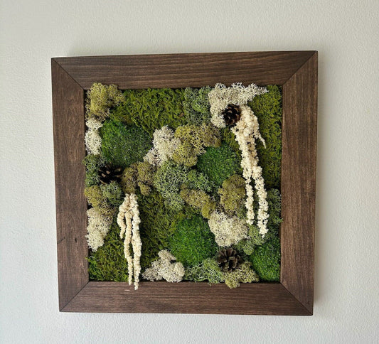 Moss Wall Art | Preserved Moss Art Framed | Square Frame | Green Moss Pole Moss with Preserved Fern and Flowers